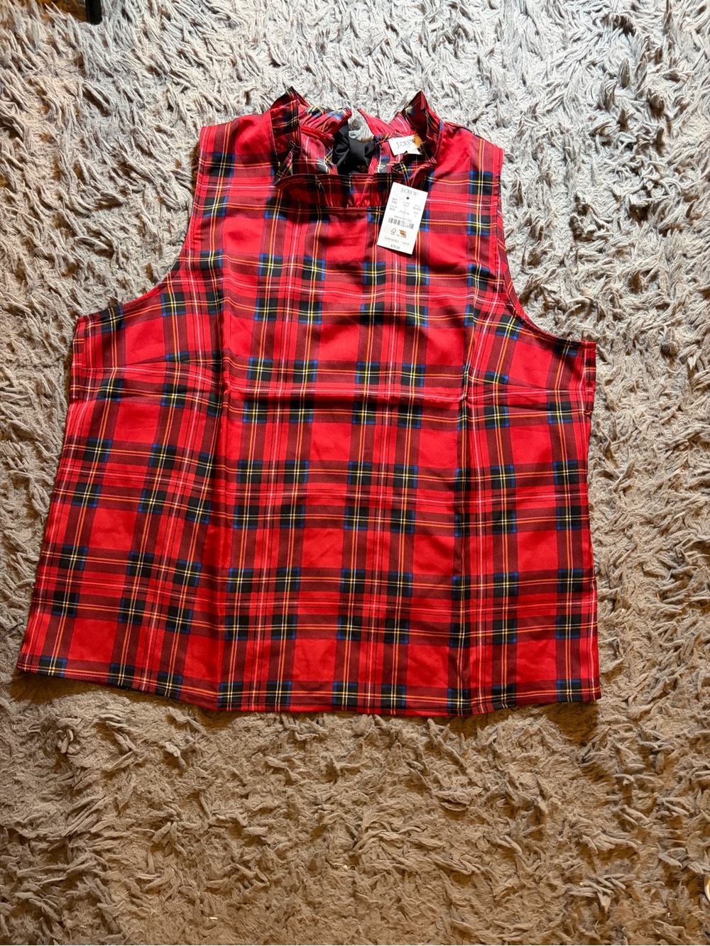 NWT J. Crew Factory red tartan ruffleneck bow-back top sz L